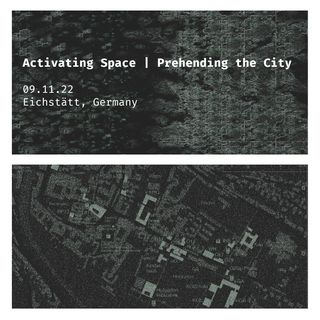 Cover for the album 'activating space | prehending the city' by REAE. Two dark greyscale images. One is of glitchy visuals made in Hydra. The other is a map of Eichstätt, Germany.